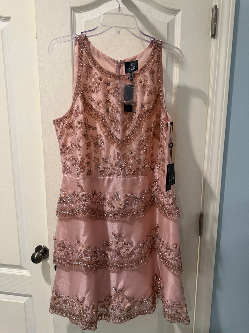 Adrianna Papell Blush Pink Beaded Tiered Mini Dress
